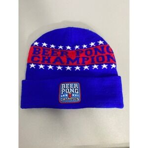 Polar Knitz Beer Pong Champion Beanie Blue Red White Stars Knit Winter Hat